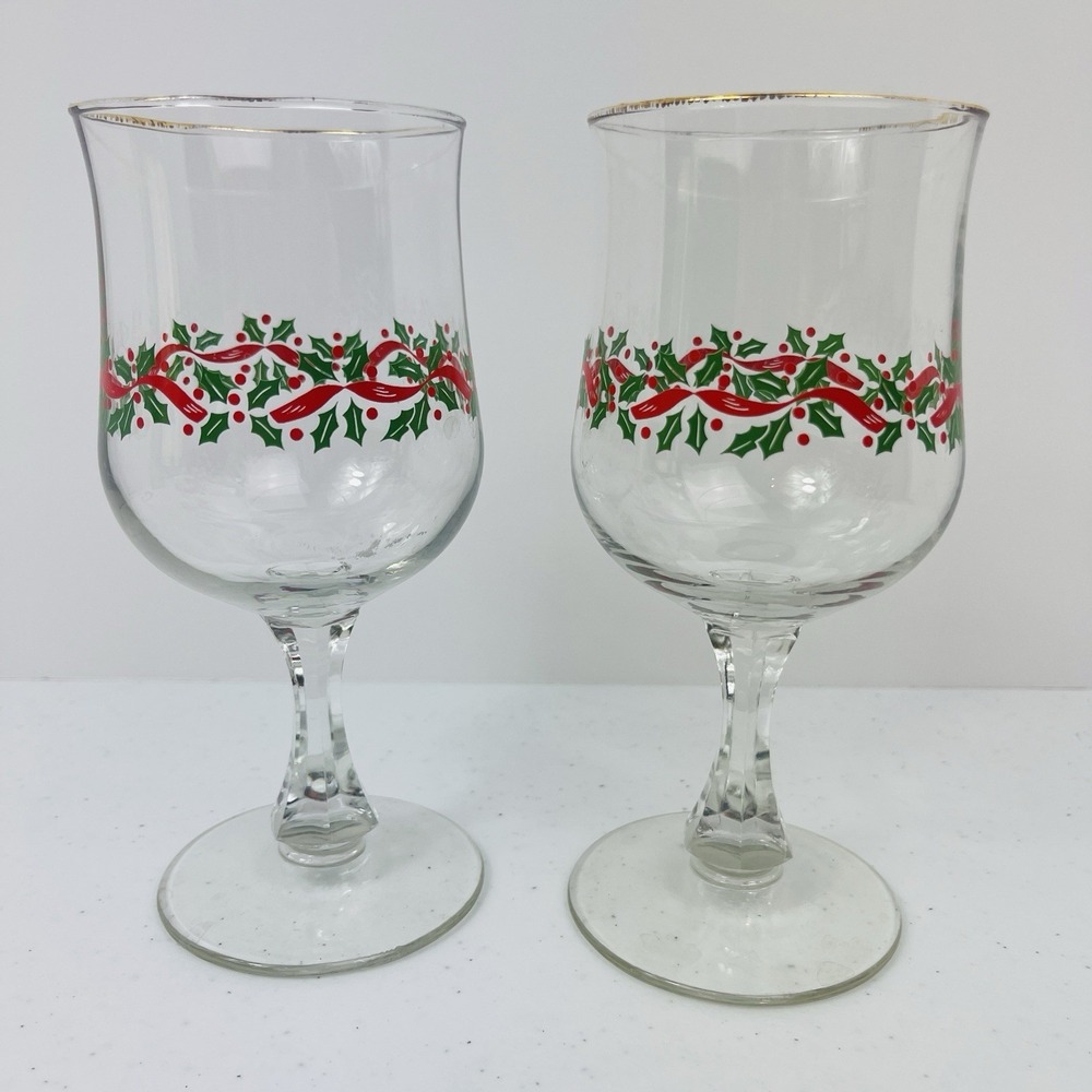 Vintage Libbey 6 pt Stem Water Wine Glasses Holly Berry Gold Trim Set of 2